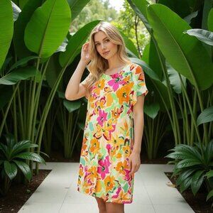 MSK Womens Pullover Stretch Ivory Multi Floral Print Short Sleeve Dress Sz L NWT